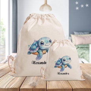 Sac de sport personnalisé - Bleu tortue - Maternelle - École - avec nom - Sac de sport - Sac à dos - Vêtements de rechange - Grand - Petit