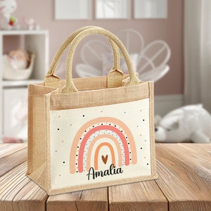 Jute Tasche - Regenbogen Motiv - Herz - Rosa - Personalisierte Tasche - mit Name -  Einschulung - Kiga - Geburtstag - Kindergarten-Schulkind