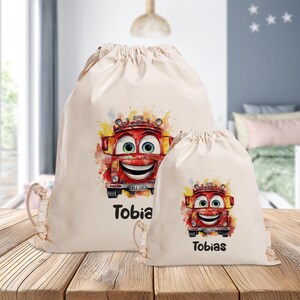 Sac de sport personnalisé - Camion de pompier riant - Jardin d'enfants - École - avec nom - Sac de sport - Vêtements de rechange - jaune - grand - mini