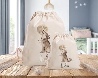Borsa da palestra personalizzata - Lupo con luna - Asilo - Scuola - con nome - Borsa sportiva - Zaino - Cambio di vestiti - Grande - Piccola