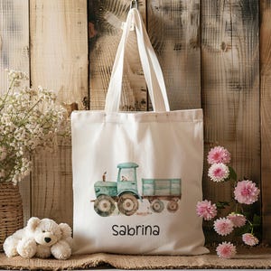 Baumwolltasche - Traktor - grün - Farmleben - Stofftasche - personalisiert - Einkaufstasche - mit Name - Wechselkleidung - Fahrzeug