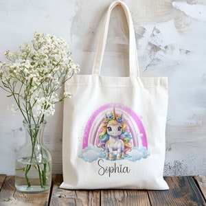 Sac en coton - licorne - arc-en-ciel - sac en tissu - sac de courses - personnalisé - avec nom - cadeau - longues anses - vêtements de rechange