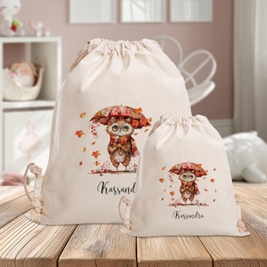 Sac de sport - hibou avec parapluie - sac en tissu - personnalisé - jardin d'enfants - avec nom - vêtements de rechange - sac de collecte - automne - hibou