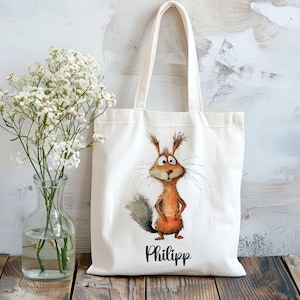 Sac en coton - Crazy Squirrel - sac en tissu - personnalisé - sac de courses - avec nom - vêtements de rechange - sac de collection - automne