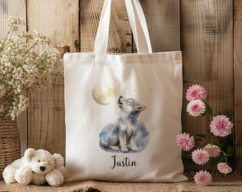 Bolsa de algodón - Lobo - Luna - Bolsa de tela - Bolsa de compras - Personalizada - con nombre - Regalo - Escuela primaria - Ropa de cambio