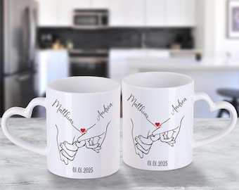 Couple mug - two hands - red heart - Mr & Mrs mug - personalized - wedding - anniversary - gift - heart handle - with name - partner