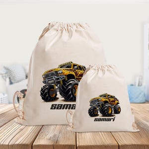 Sac de sport personnalisé - Monster Truck - Véhicule - jaune - Maternelle - École - avec nom - Sac de sport - Vêtements de rechange - Grand - Mini