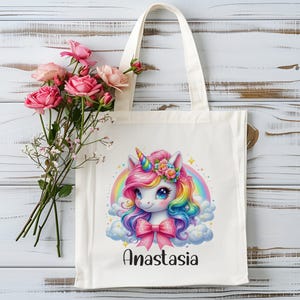 Baumwolltasche - Einhorn - Regenbogen - Wolken- Stofftasche - Einkaufstasche - Personalisiert - mit Name  - lange Henkel - Wechselkleidung