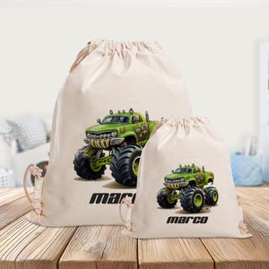 Sac de sport personnalisé - Monster Truck - Véhicule - Vert - Maternelle - École - avec nom - Sac de sport - Vêtements de rechange - Grand - Mini