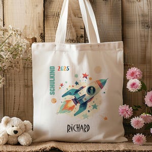 Sac en coton - écolier - 2025 - fusée - sac en tissu - personnalisé - avec nom - maternelle - sac à anse - vêtements de rechange - inscription à l'école