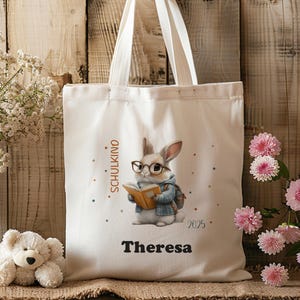Sac en coton - écolier - 2025 - lapin - sac en tissu - personnalisé - avec nom - maternelle - sac à anse - vêtements de rechange - inscription à l'école