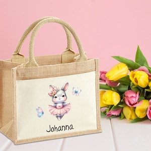 Sac d'écolier - Motif lapin ballerine - Sacs personnalisés - Maternelle - Sac en jute - Ballet - avec nom - Papillon - Pâques