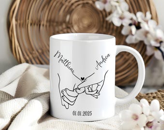 Couple Mug - Two Hands - Mr & Mrs Mug - Personalized - Wedding - Anniversary - Gift - Heart Handle - with Name