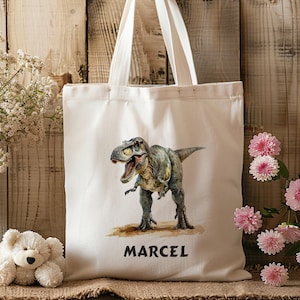 Sac en coton personnalisé - T Rex - Maternelle - École - Sac de sport - Vêtements de rechange - Dino - Âge de pierre - Tyrannosaure