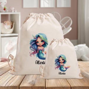 Sac de sport personnalisé - sirène colorée - jardin d'enfants - école - avec nom - sac de sport - sac à dos - vêtements de rechange - grand-petit