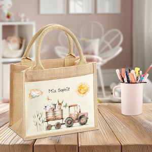 Bolsa escolar - motivo trator - burro - vaca - cavalo - bolsas personalizadas - jardim de infância - bolsa de juta - com nome