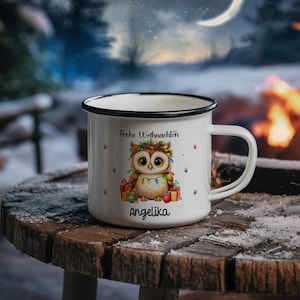 Emaljmugg - Jul - Vinter - Uggla - Gåva - Kaffemugg - Lantgård - Vintage - Ljusslinga - Temugg - Glögg