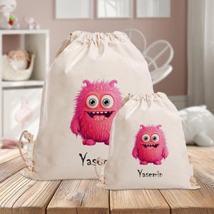 Borsa da palestra personalizzata - Monster - Rosa - Asilo - Scuola - con nome - Borsa sportiva - Cambio di vestiti - Cotone - Monster Gang