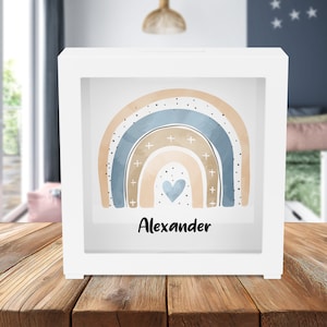 Personalisierte Holzspardose - Regenbogen - Herz - Blau - Spardose - Geburt - Geburtstag - Geschenk - mit Name
