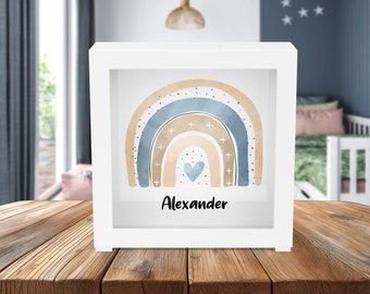 Personalized wooden money box - rainbow - heart - blue - money box - birth - birthday - gift - with name