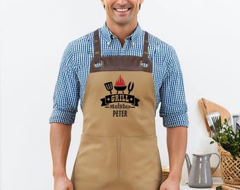 Delantal de parrilla | Maestro de la parrilla | con cuero artificial | Regalo | Temporada de barbacoas | Delantal de cocina | Caqui | Verano | con nombre | personalizado