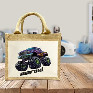 Sac d'écolier - Motif Monster Truck - Voiture - Véhicule - Sacs personnalisés - Maternelle - Sac en jute - Avec nom - Violet