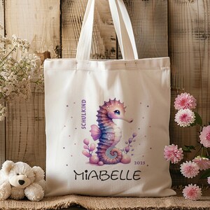 Sac en coton - écolier - 2025 - hippocampe - sac en tissu - personnalisé - avec nom - maternelle - sac à anse - vêtements de rechange - inscription à l'école