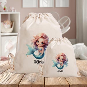 Sac de sport personnalisé - sirène rose/turquoise - maternelle - école - avec nom - sac de sport - sac à dos - vêtements de rechange