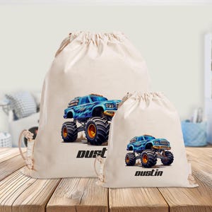 Sac de sport personnalisé - Monster Truck - Véhicule - Bleu - Maternelle - École - avec nom - Sac de sport - Vêtements de rechange - Grand - Mini