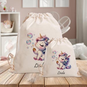 Sac de sport personnalisé - licorne - bulles de savon - maternelle - école - avec nom - sac de sport - sac à dos - vêtements de rechange - fantaisie