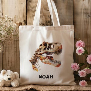 Sac en coton personnalisé - Squelette de dinosaure - Maternelle - École - Sac de sport - Vêtements de rechange - Dino - Âge de pierre