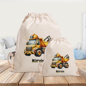 Sac de sport personnalisé - camion benne - chantier - maternelle - école - avec nom - sac de sport, vêtements de rechange, jaune - sac de courses