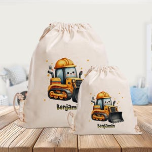 Sac de sport personnalisé - excavatrice - chantier - maternelle - école - avec nom - sac de sport - vêtements de rechange - jaune - grand - mini
