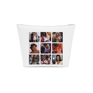 May include: White cosmetic bag featuring a collage of nine images. The images depict various women, some in wedding dresses, others in formal attire. The bag is a simple, rectangular shape with a zipper closure.