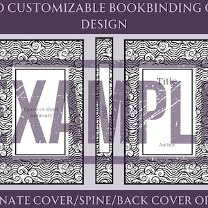 May include: A black and white book cover design template with a cloud pattern. The template includes a front cover, spine, and back cover. The front cover has a space for the title, author, and a quote or short summary. The spine has a space for the title. The back cover has a space for the author and title.