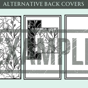 K&ouml;nnte beinhalten: Drei verschiedene schwarz-wei&szlig;e Blumenmuster f&uuml;r Buchcover. Das erste Muster ist ein sich wiederholendes Muster aus Blumen und Bl&auml;ttern. Das zweite Muster ist eine einzelne Blume auf schwarzem Hintergrund. Das dritte Muster ist ein wei&szlig;er Hintergrund mit einer schwarzen, abgenutzten Textur.