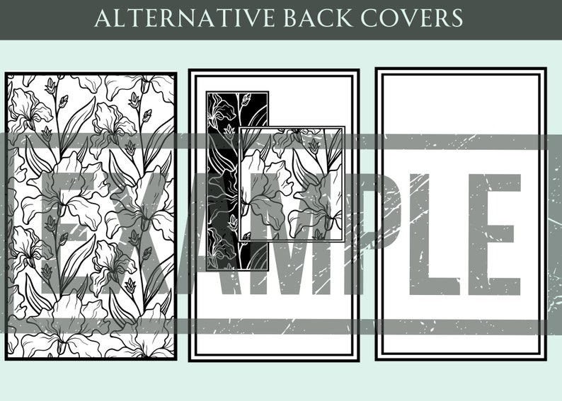 K&ouml;nnte beinhalten: Drei verschiedene schwarz-wei&szlig;e Blumenmuster f&uuml;r Buchcover. Das erste Muster ist ein sich wiederholendes Muster aus Blumen und Bl&auml;ttern. Das zweite Muster ist eine einzelne Blume auf schwarzem Hintergrund. Das dritte Muster ist ein wei&szlig;er Hintergrund mit einer schwarzen, abgenutzten Textur.
