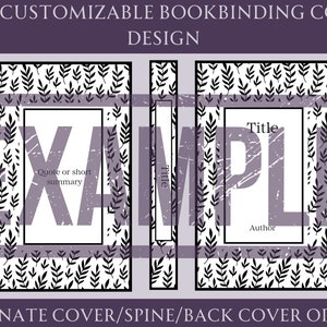 Może przedstawiać: Szablon spersonalizowanego projektu okładki do oprawy książki z wzorem liści. Szablon zawiera okładkę przednią, grzbiet i okładkę tylną. Okładka przednia ma miejsce na tytuł, autora i cytat lub krótkie podsumowanie. Grzbiet ma miejsce na tytuł. Okładka tylna ma miejsce na autora.