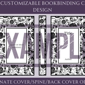 May include: A black and white book cover design template featuring a floral pattern with roses. The template includes a title, author, and space for a quote or short summary.