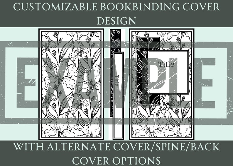K&ouml;nnte beinhalten: Ein anpassbares Buchbinde-Cover-Design mit einem schwarz-wei&szlig;en Blumenmuster. Das Cover hat Platz f&uuml;r einen Titel und der Text "Titel" ist sichtbar. Das Design beinhaltet alternative Cover-, R&uuml;cken- und R&uuml;ckseitenoptionen.