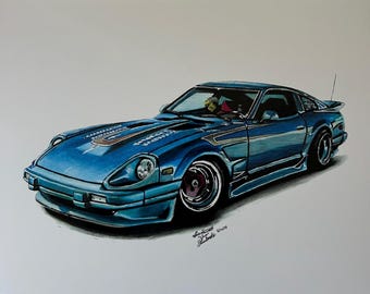 May include: A blue sports car illustration with a low profile, featuring a prominent hood and sleek lines. The car has silver accents, dark wheels, and a spoiler. The artwork is set against a white background.