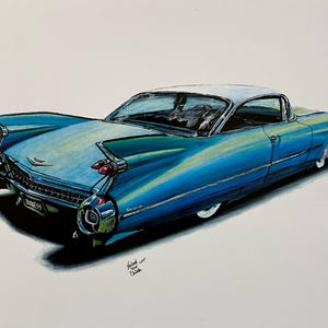 1959 Cadillac Car Print: Prismacolor Drawing