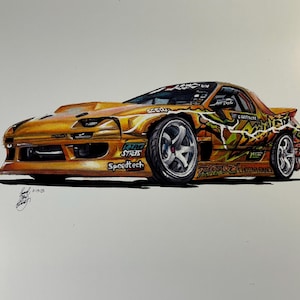 May include: A hand-drawn illustration of a yellow Mazda RX-7 sports car with black and green racing stripes and the words "Speedtech", "Club Streets", "Contact", and "Next Generation" on the side.