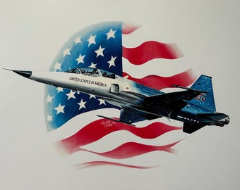 Peut inclure: Illustration d'un avion de chasse en vol, sur fond de drapeau américain. L'avion est blanc et argenté avec l'inscription "UNITED STATES OF AMERICA" sur le côté. Le drapeau présente des rayures rouges et blanches et un champ bleu avec des étoiles blanches.