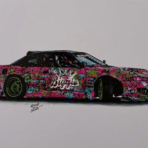 May include: A colorful illustration of a sports car with a vibrant pink, green, and blue floral pattern. The car has a black roof and green wheels. The word "Biggie" is written on the side of the car.