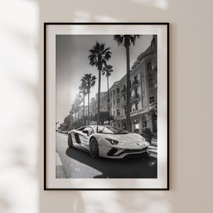 Póster de Lamborghini Aventador Monaco, impresión de Lamborghini en blanco y negro, arte mural de Lamborghini, póster de lujo con dinero antiguo.