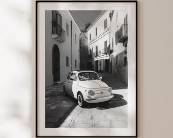 Vintage Fiat 500 Poster – Black and White Italy Photography – Classic Car Print – Retro Chic Wall Art – Dolce Vita Poster