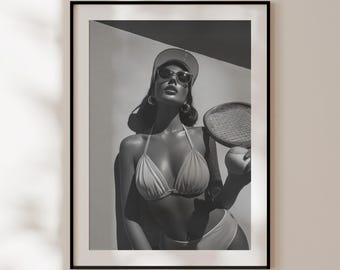 Retro fashion poster, Vintage black and white poster, Glamorous fashion photography, Artistic fashion decor, Fashion tennis player poster