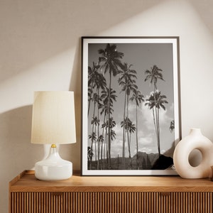 May include: A black and white photograph of palm trees against a cloudy sky is framed and displayed on a wooden shelf with a white lamp and a white ceramic vase with a hole in the side.