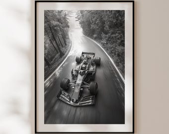 Puede incluir: Una fotografía en blanco y negro de un coche de carreras que acelera a través de una zona boscosa. El coche está en movimiento y los árboles están borrosos en el fondo.